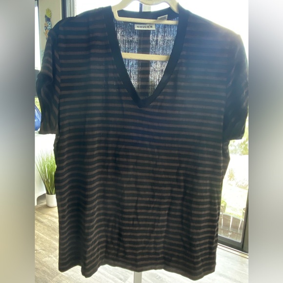 Chico's Tops - Chico’s Design Brown & Black V-Neck Cap Sleeve Tee Top, 3/16XlL